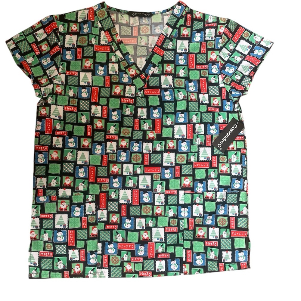 Colorful Christmas‎ Print Scrub Top